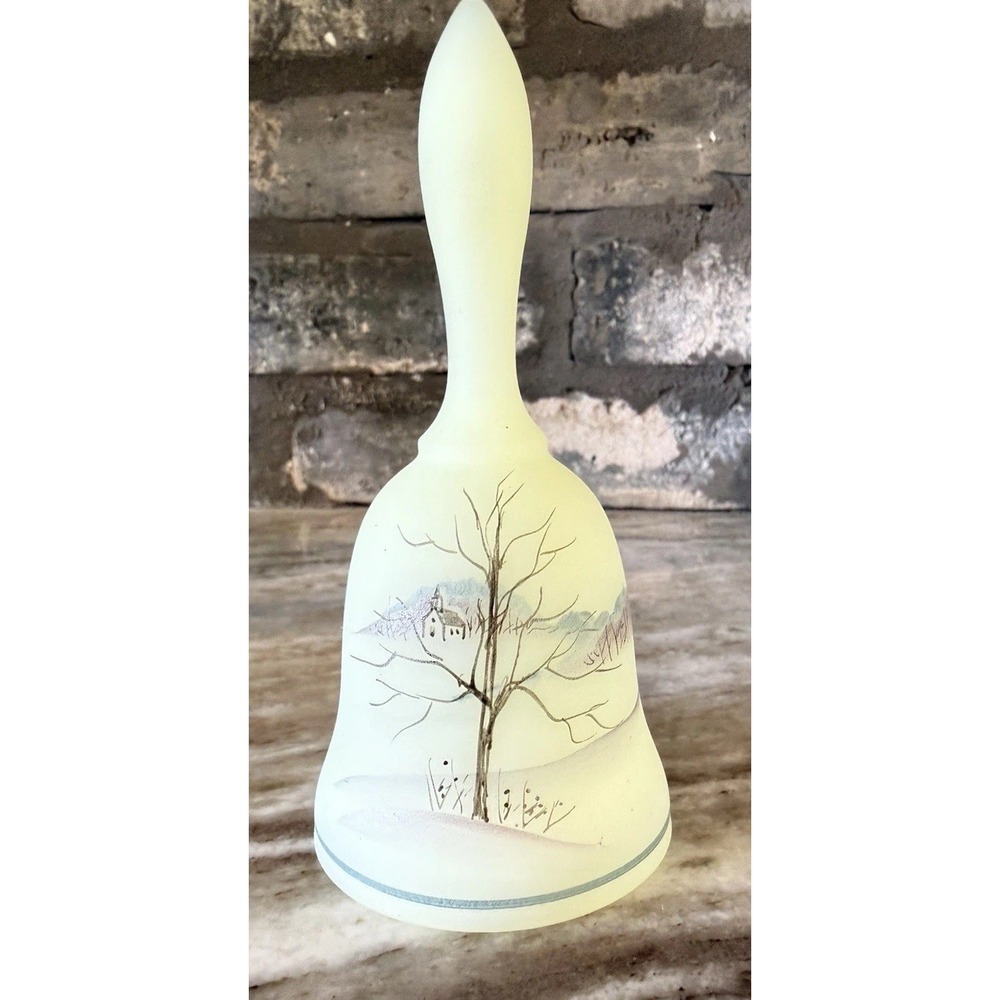Fenton Custard Uranium Bell Mini 4.5" Hand Painted Winter Church Signed # 6986